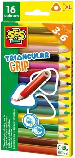 SES kraftige trekantede farveblyanter med ergonomisk greb, 16 stk.