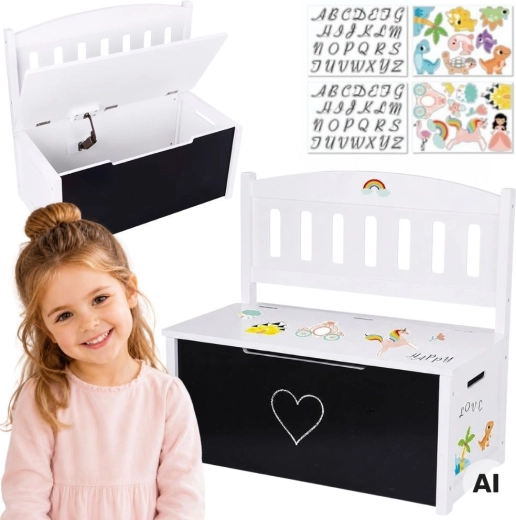 Tooky Toy trækiste til legetøj i træ 3 i 1 med bænk og tegnetavle