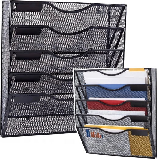 Vægmonteret metalorganizer til A4-dokumenter, 5 rum, sort