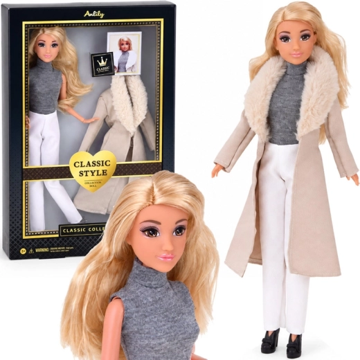 Anlily klassisk modedukke med beige frakke