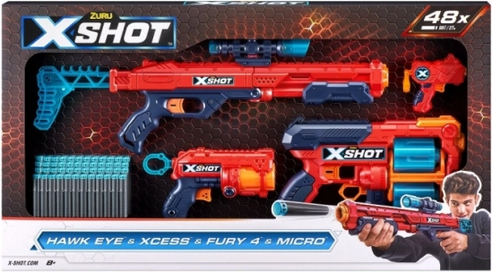 Sæt med X-Shot-pistoler Combo Hawk Eye + Xcess + Fury 4 + Micro