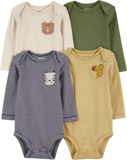 Babybodyer med lange ærmer Navy/Olive Animal, 4 stk., NB/56