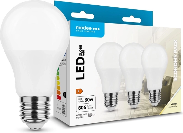 Modee LED pære Globe A60 8,5 W E27, 806 lm, neutral hvid, pakke med 3 stk.