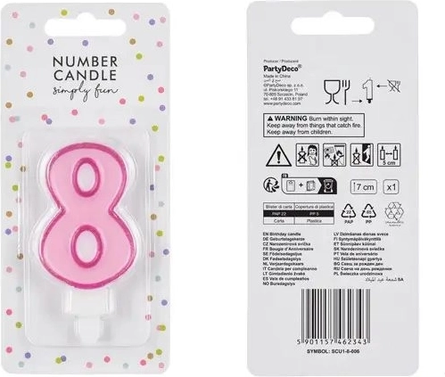 Lyserødt fødselsdagslys med tallet 8, 7 cm