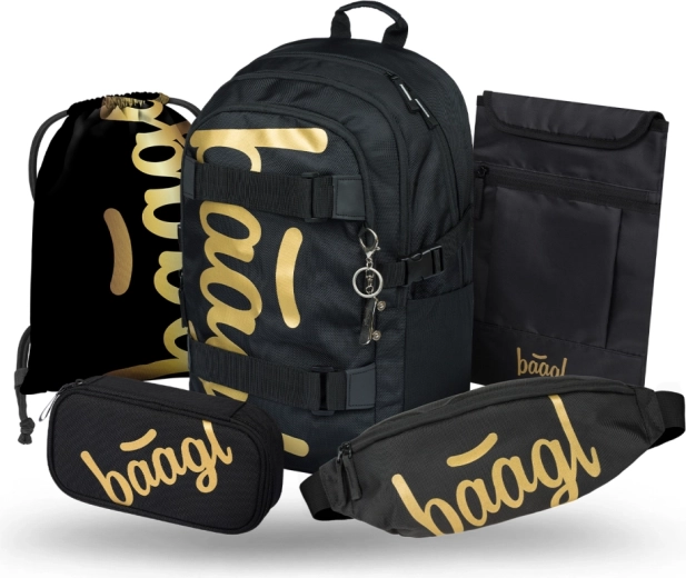 Baagl skolesæt Skate Gold – rygsæk, penalhus, gymnastikpose, bæltetaske og laptop-cover