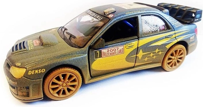 Subaru Impreza WRC 2007 offroad modelbil 1:36 med døre der kan åbnes og pull-back