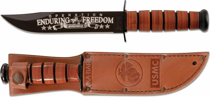 Ka-Bar minde militærkniv U.S.M.C. OEF Afghanistan 17,8 cm, sort, læderhåndtag, læderskede
