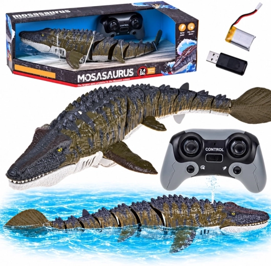 Fjernstyret mosasaurus til vand, svømmer og sprøjter vand 40 cm