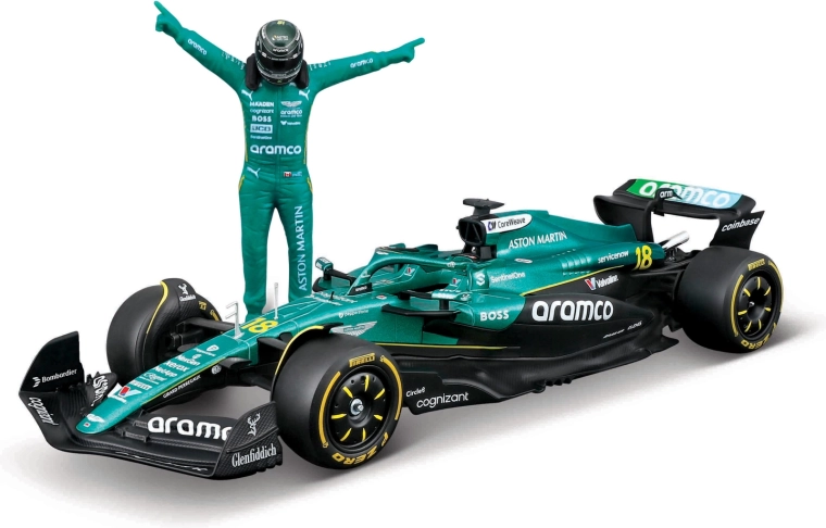 Bburago model Formel 1 Aston Martin AMR25 2025 Lance Stroll (nummer 18) 1:24 med kørerfigur