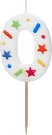 Kagelys tal 0 hvid med konfetti 5,5 cm