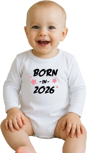 Baby body i bomuld med print New Baby Born in 2026, lyserød, langærmet