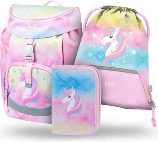BAAGL SÆT 3 Airy Rainbow Unicorn: skoletaske, penalhus, pose