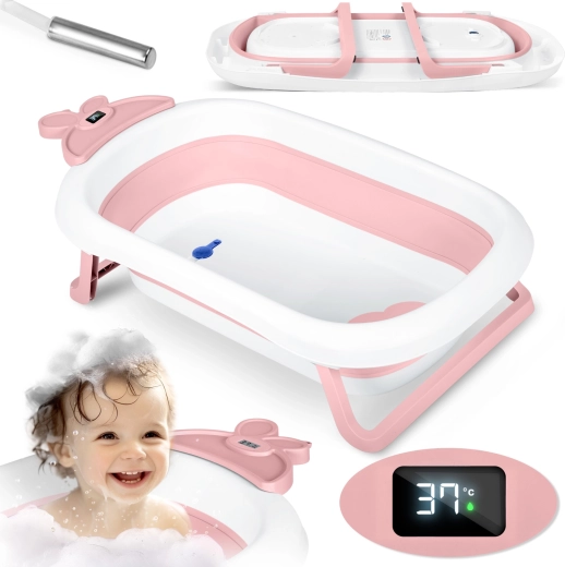Sammenklappelig babybadekar med LCD-termometer, hvid/lyserød