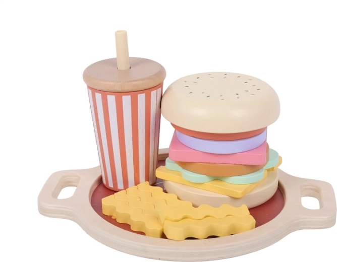 2Kids Toys træ-stablelegetøj fastfood (hamburger, pommes frites og drik)