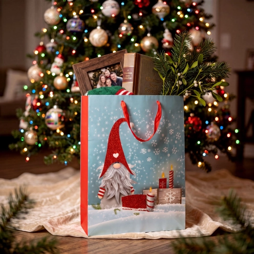 Julegavepose med nisse og glitter 31 × 42 × 12 cm - 1 stk.