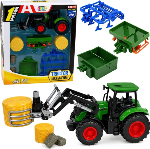 Landmandssæt: traktor med frontlæsser og balleklo 1:24