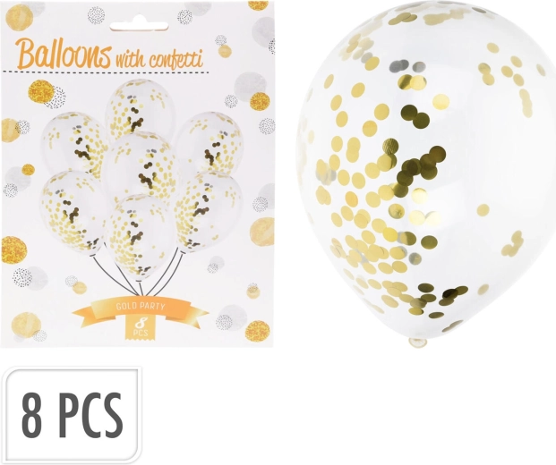 Partyballoner med hvide og gyldne konfettier (8 stk.)