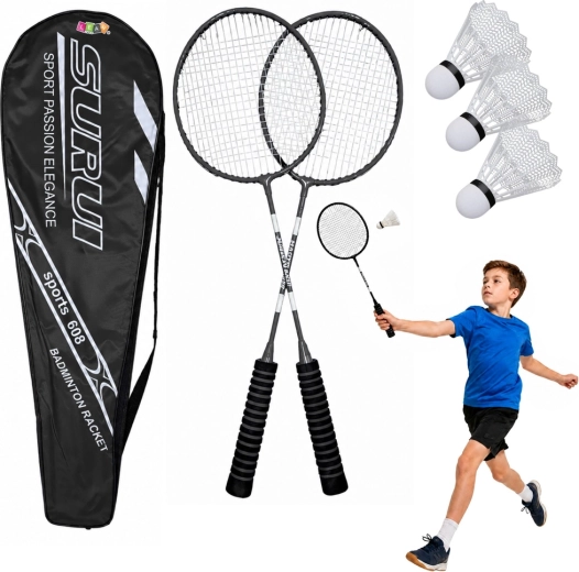 Badmintonsæt med 2 ketsjere, 3 plastikfjerbolde og etuì, sort