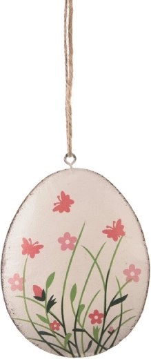 Ophængt metal påskeæg i hvid med blomstermotiv 11 cm