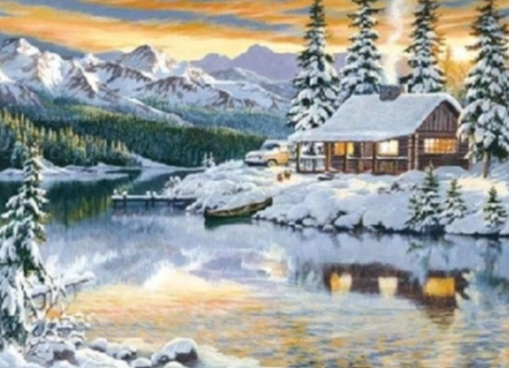 Diamantmaling Bjælkehytte i bjergene 30 × 40 cm