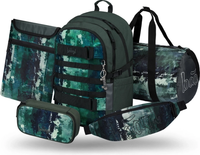 Baagl sæt Skate Forest: skoletaske, penalhus, sportstaske, bæltetaske og laptopcover