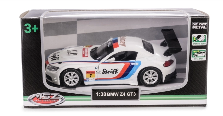 Metalmodel af bil bmw z4 gt3 1:38 med pull-back drivning