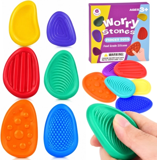 Silikone sanse-“sten” fidget toys – sæt med 6 stk.