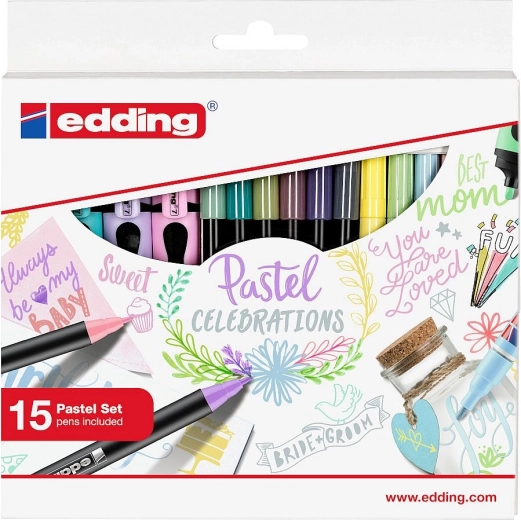Gavesæt med pastel-tuschpenne og overstregningstusch EDDING, 15 stk.