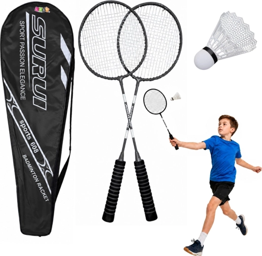 Badmintonsæt med 2 ketchere, fjerbold og etui – sort