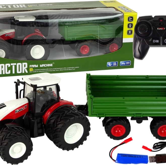 Fjernstyret traktor med trailer 1:24 rød og grøn