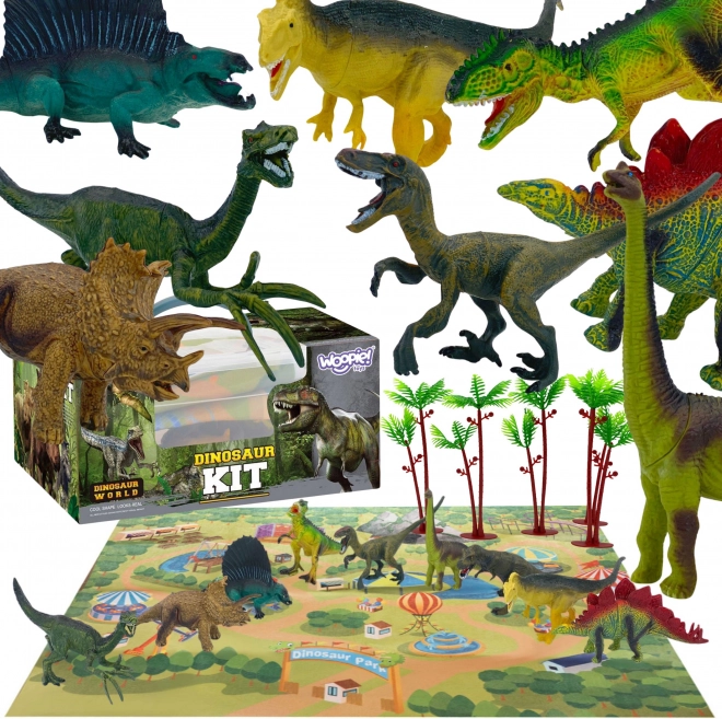 Sæt med 16 dinosaurfigurer med spilleunderlag og kuffert WOOPIE