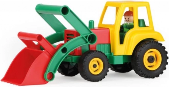 Farverig plasttraktor med frontskovl