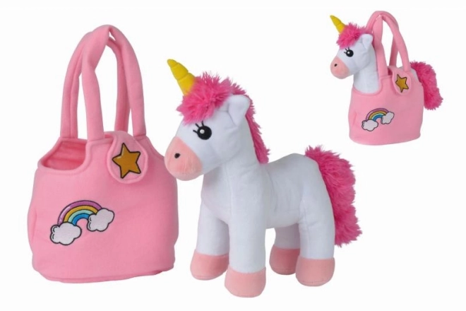 Plys-unicorn i taske til børn