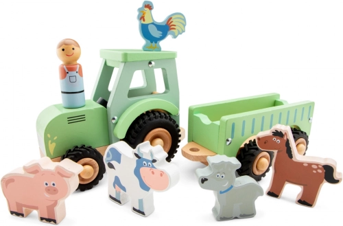 Trætraktor med lad og dyr fra New Classic Toys