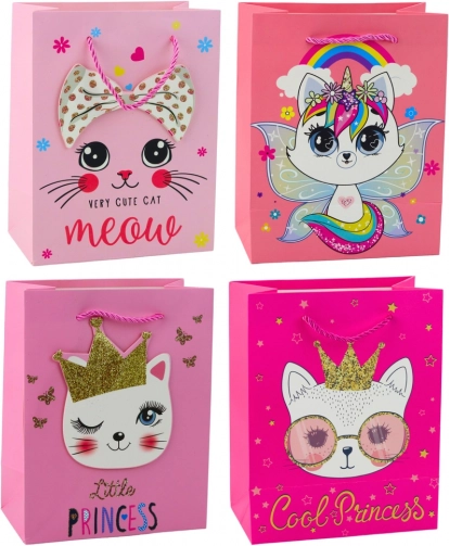 Rosa papirgavepose med killinger og glimmer 23 x 18 x 10,5 cm