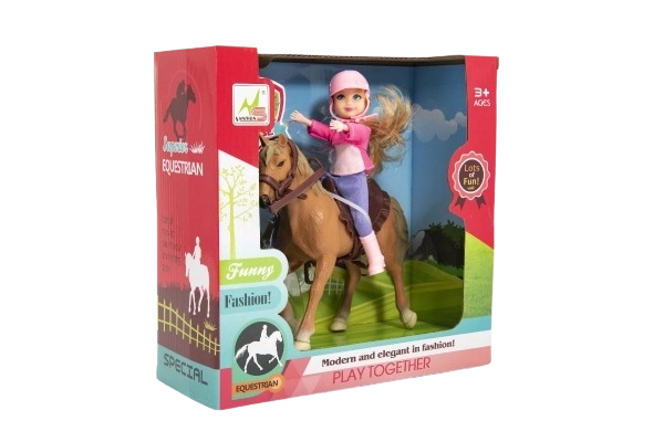 Hest + dukke jockey plastik 20cm i kassen 23x23x9,5cm