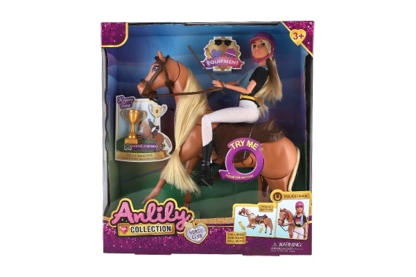Hest drikkeflaske + dukke jockey Anlily leddet plast med tilbehør i kasse 32x36x11cm