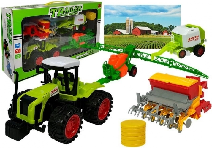Sjovt landbrugssæt med traktor, sprøjte og ballepresser
