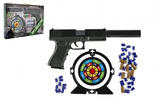 Pistol med skumgummipatroner plast 20cm med lyddæmper, mål, patroner 18 stk i æske 40x28x4,5cm