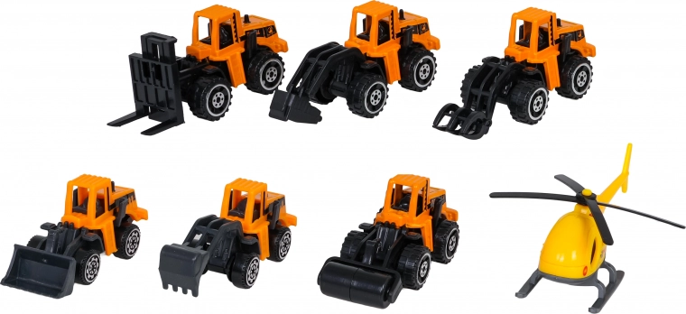 6 bygge-køretøjer og helikopter