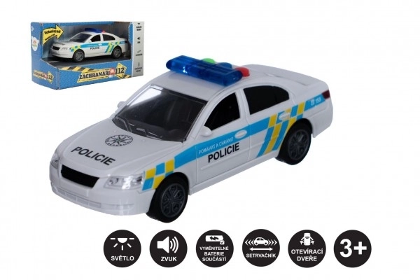 Autopolitibil plastik 15cm på batterier med lyd og lys på inertiskrab i kasse 20x11x9cm