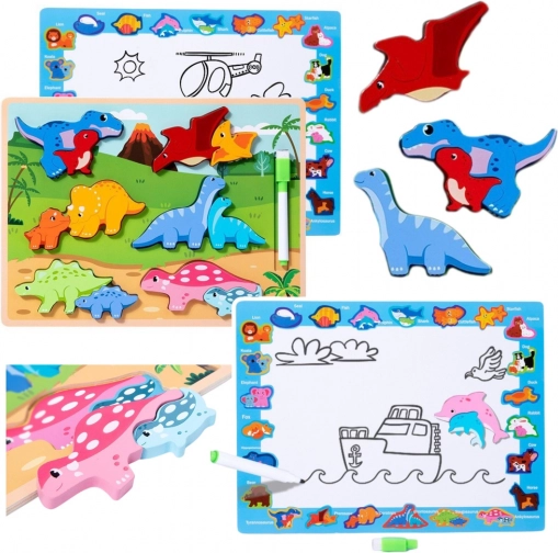 Træpuzzle til læring med dinosaurer og tegnetavle