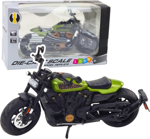 Metalmodel af chopper 1:12 med lys og lyde – sort med grønne detaljer