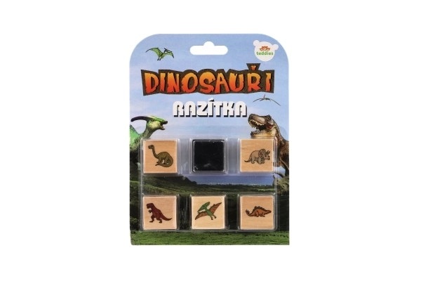 Træstempler 5+1 med pude dinosaurer 3x3cm på kort
