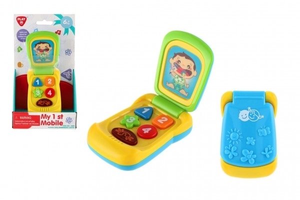 Mobiltelefon plast 14cm med batteri med lyd og lys på kort 11x20x5,5cm 18m+