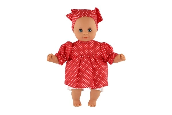 Dukke/Baby Hamiro 30cm, stofkrop kjole rød + hvid prik + tørklæde i boks 20x35x13cm
