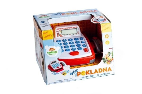 Lille digital plastik kasseapparat 18cm med tilbehør på batterier med lyd og lys i kassen 22x15x18cm