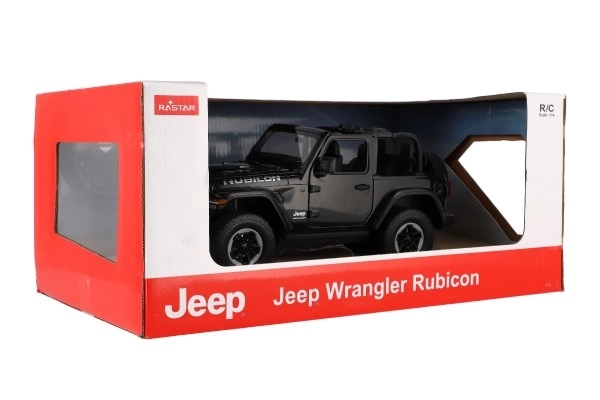 Auto RC Jeep Wrangler Rubicon sort plast 29cm 2,4GHz fjernbetjent. på batteri i æske 44x19x26cm