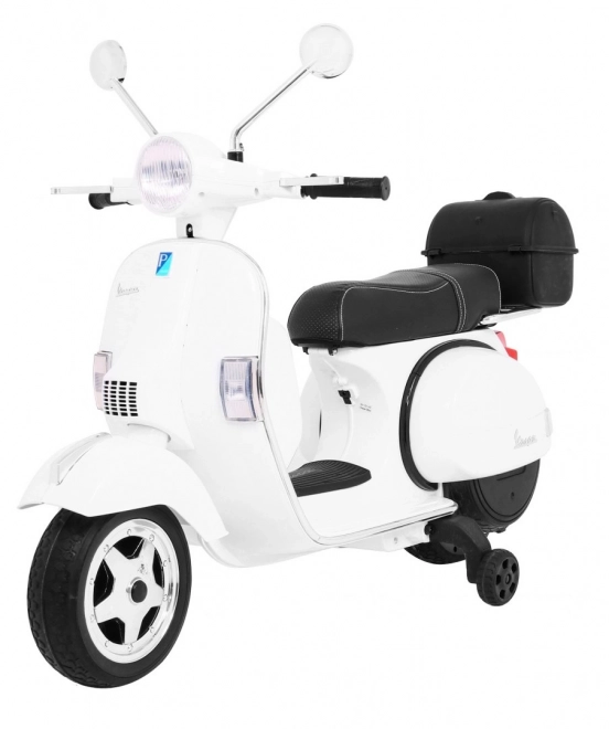 Elektrisk børnescooter Vespa hvid med støttehjul, audio og økolæder