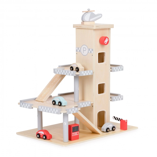 ECOTOYS Stor tr6garage i tr0 med elevator og biler